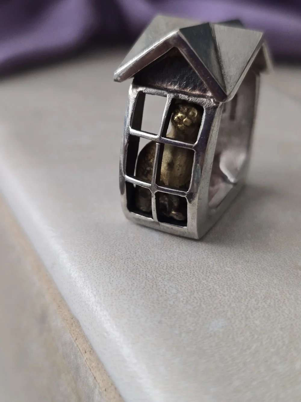 Sterling Silver Architectural House Ring with Gold Accents